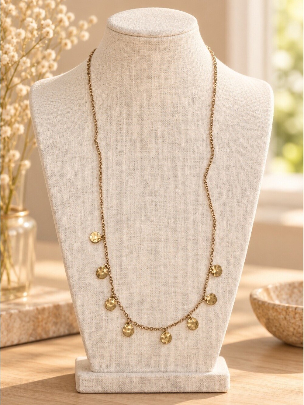 Gold Tone Long Necklace with Hammered Disc Charms 26” Fashion Jewelry
